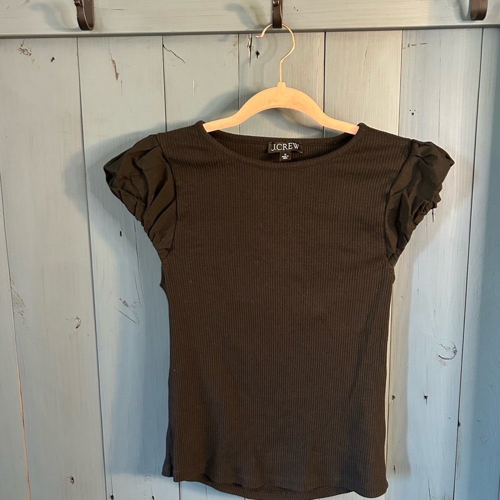 J. Crew Black Short Sleeve Top with Puff Sleeves Ruffle Detail